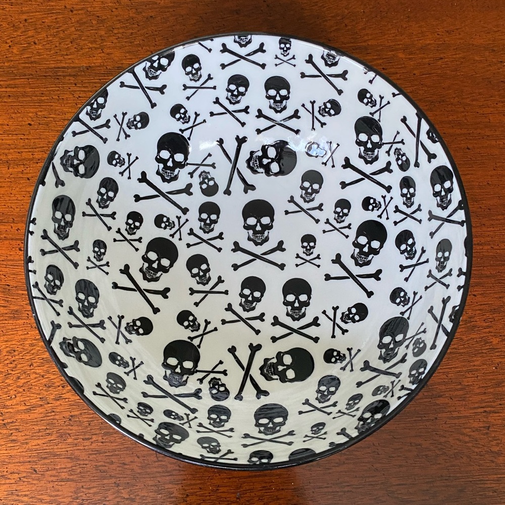Halloween Bowl Skull & Crossbones Ceramic Black White Medium Size